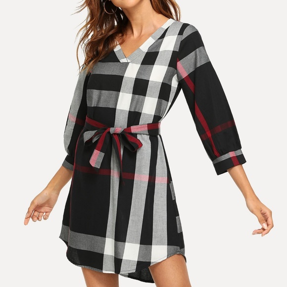 Plaid Belted Shirt Dress Black White Gray & Red - Picture 4 of 8